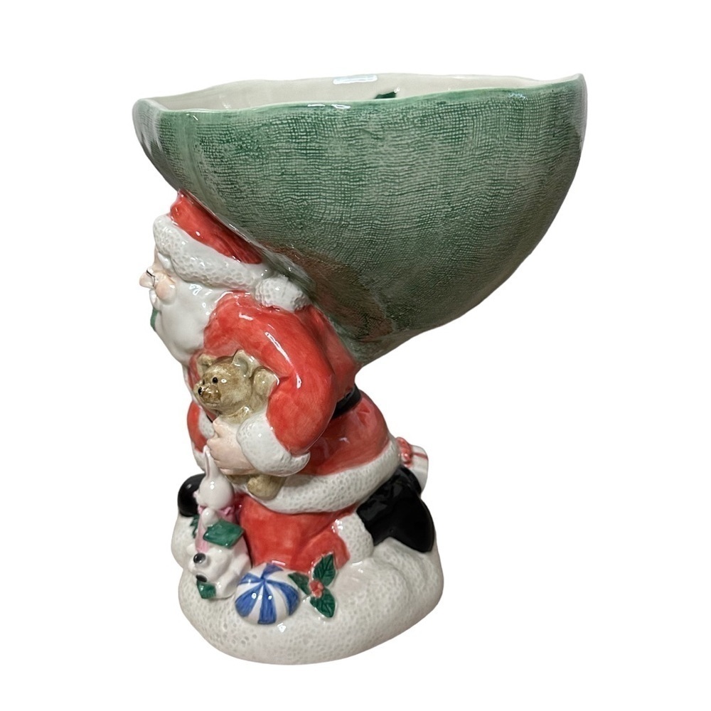 Vtg Fitz And Floyd 9.5" Ceramic Santa With Sack & Toys Footed Compote Bowl - Picture 3 of 8